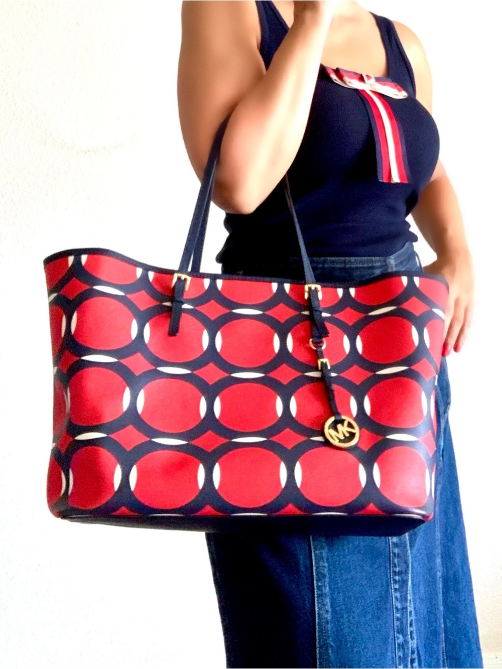Michael Kors Red and Blue Circle-Print Tote with Gold MK Charm - Picture 5 of 16